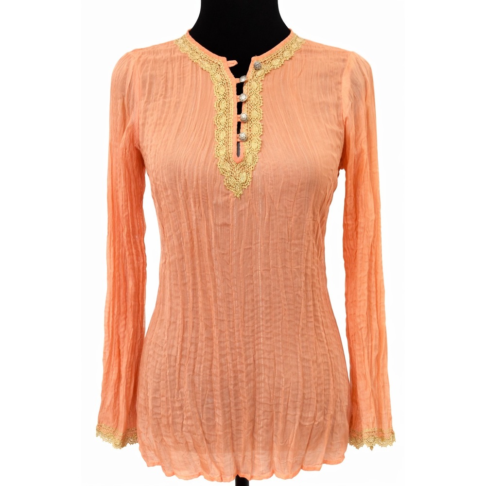 Cache Womens Pleated Peasant Blouse Sz XS Orange Gold Metallic Lace Bell Sleeve